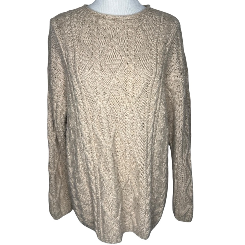 Amazonias Cream Alpaca Wool Fisherman Cable Knit Sweater Sz L Hand Knitted Peru